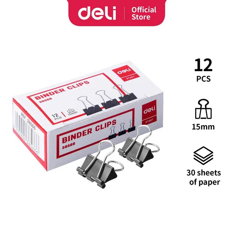 Deli E38566 Black binder clip 15 mm 12 pcs