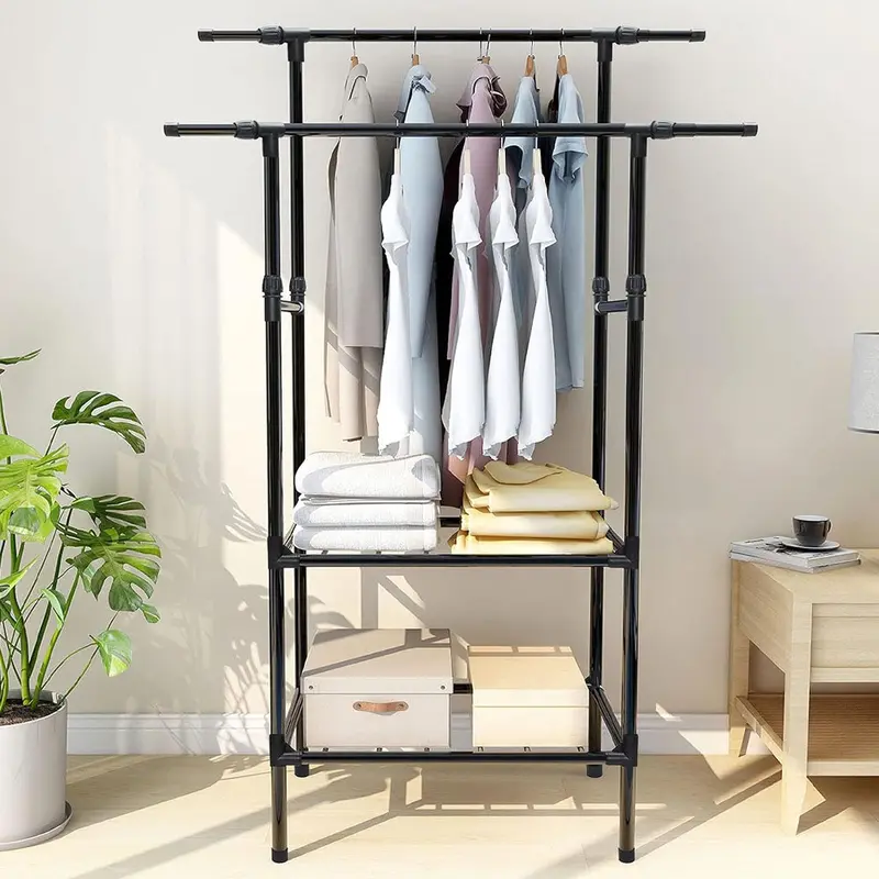 Double-Pole Shoe and Hat Rack, Clothes Rack with Shelves Heavy Duty Metal Garment Rack for bedroom clothing rack for Hanging Clothes / 8902Black