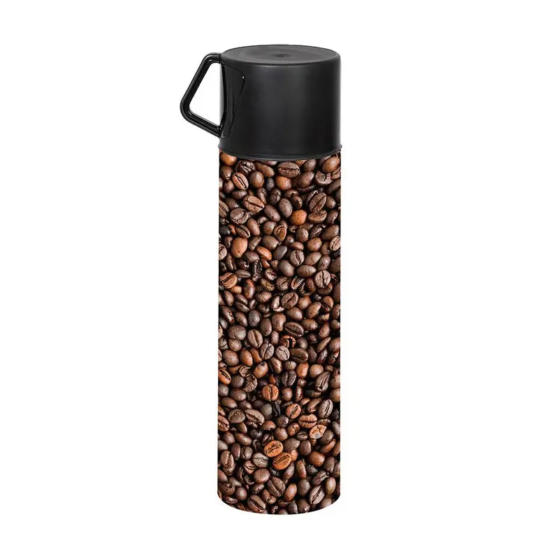 Herevin Decorated Vacuum Flask with Mug - Coffee Beans