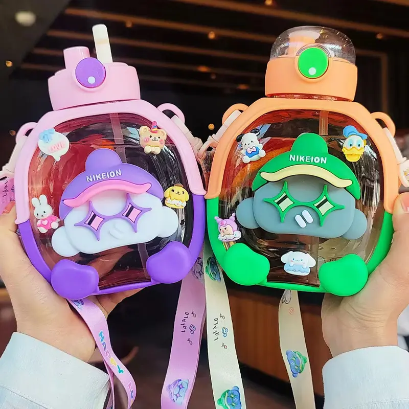 Portable Kids Student Kindergarten School Cute Cartoon Bear Plastic Water Bottle With StrawOrange