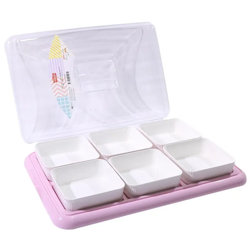 Stillo Plastic Bowl Set with Tray and Transparent Handled Lid Cover (6 Pcs)Pink