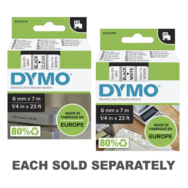 Dymo D1 Tape Label 6mmx7mBlack on Clear
