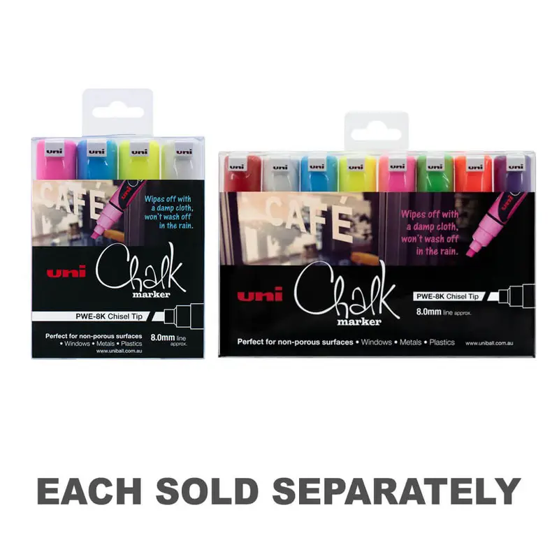Uni Chalk Marker 8.0mm Chisel Tip Assorted4Pk