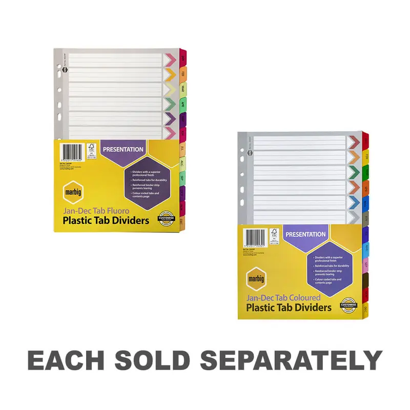 Marbig Jan-Dec Manilla Plastic Tab Dividers (A4)Coloured