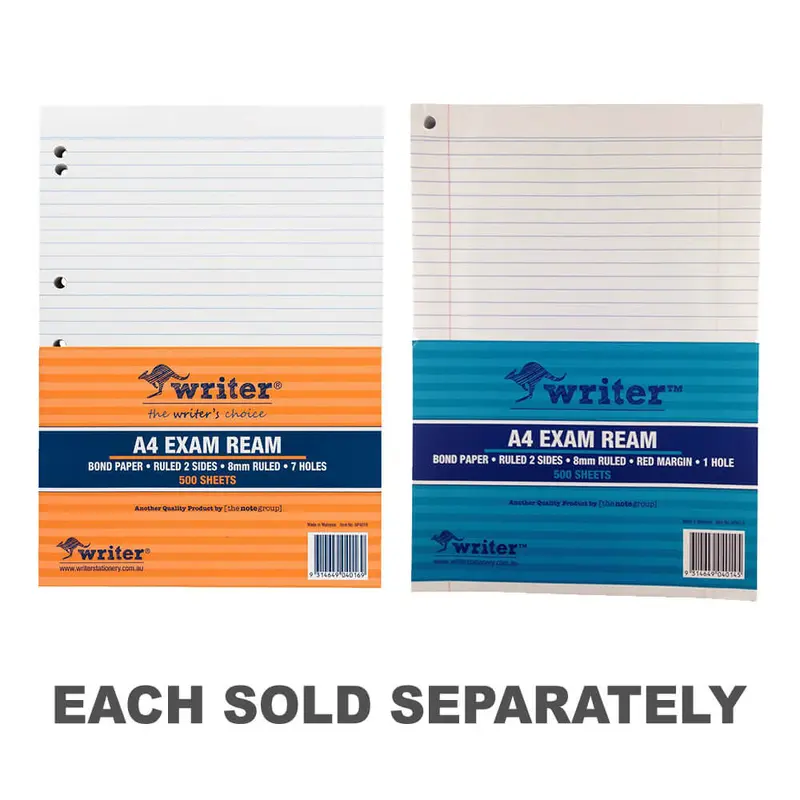 Writer A4 8mm Ruled Exam Paper w/ Margin (55gsm)1 Hole