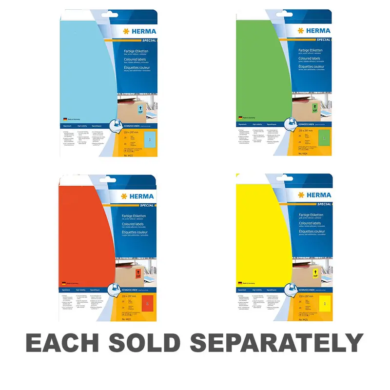 Herma Removable Coloured Labels A4 20pc (210x297mm)Red
