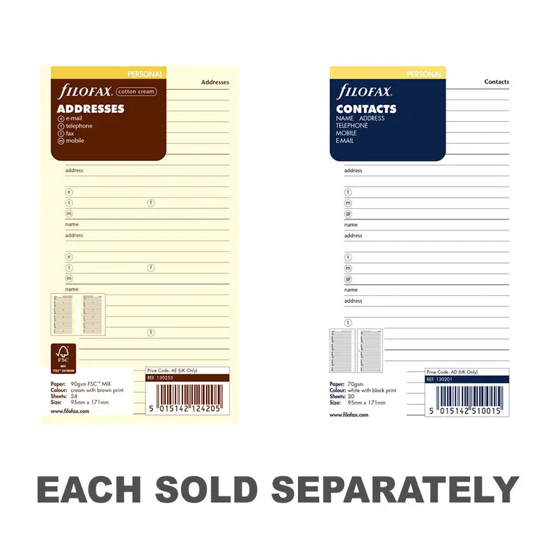 Filofax Personal Contacts RefillCotton Cream