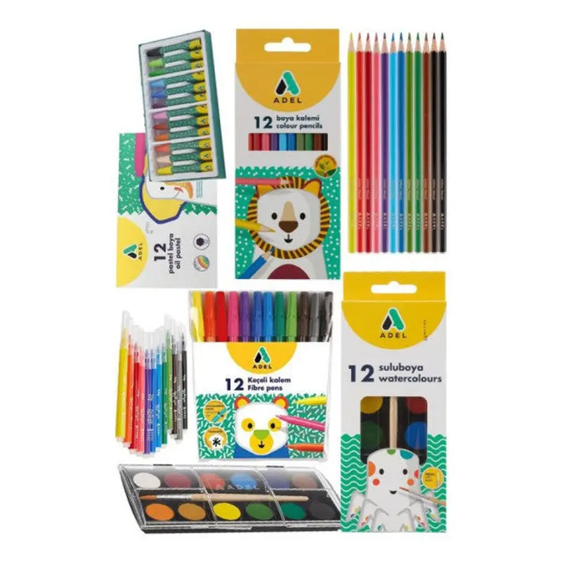 Student School Painting Set 4 Pieces Adel 12 Colors Crayon Dry Color Watercolor Felt Tip Pen 12 Piece Paint Set Nursery Set